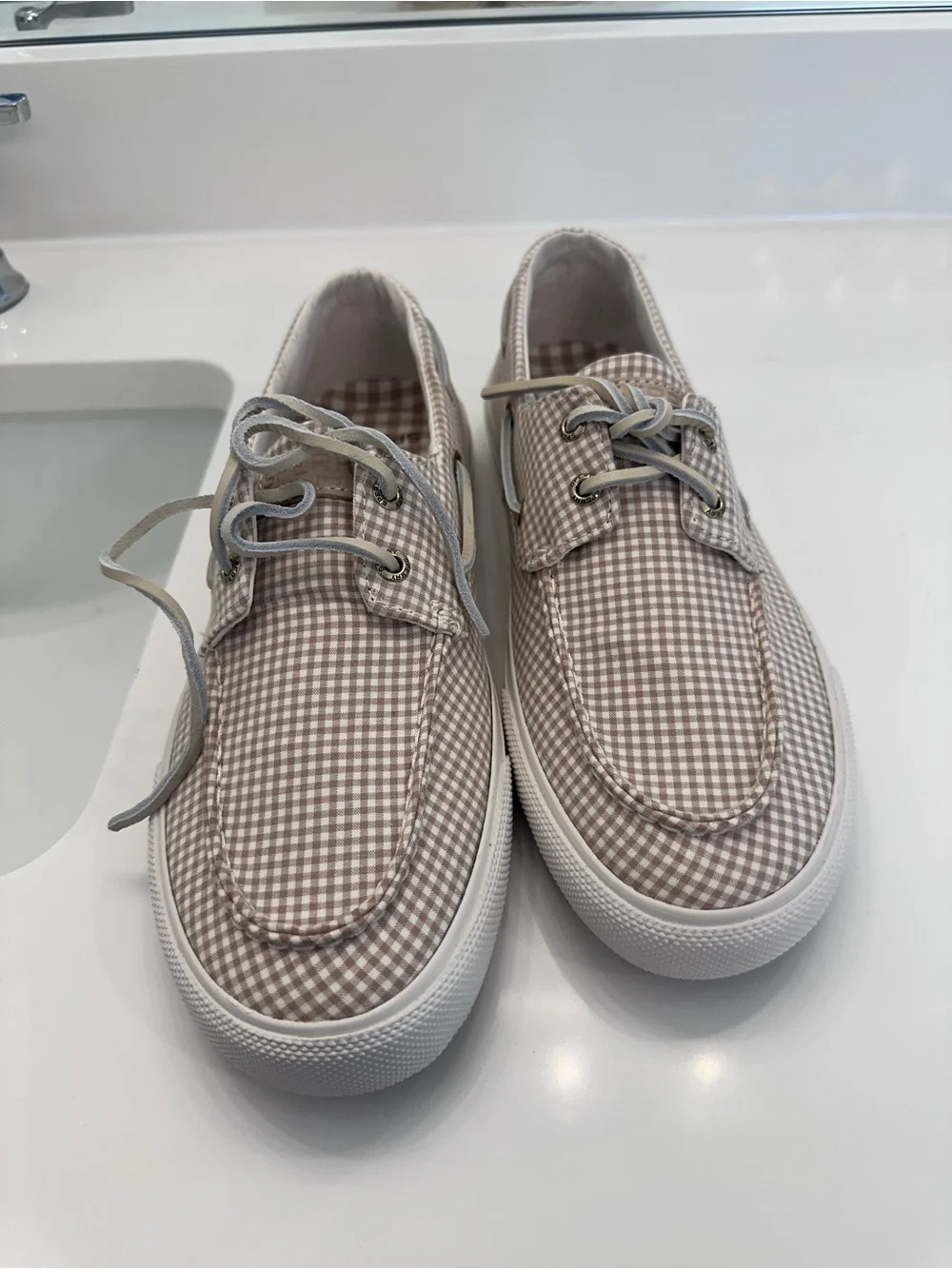 Sperry Tan Gingham Canvas Boat Shoes mens